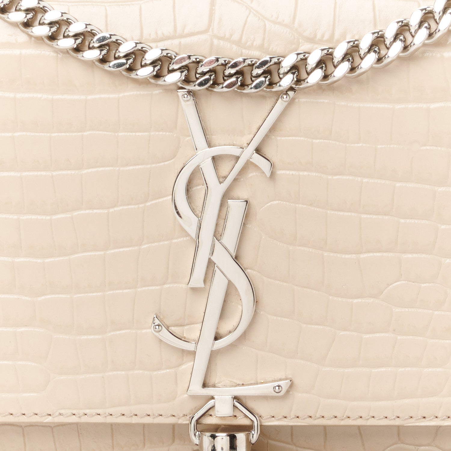 Saint Laurent Calfskin Crocodile Embossed Small Classic Monogram Kate Tassel Satchel Nude Powder 9 of 12
