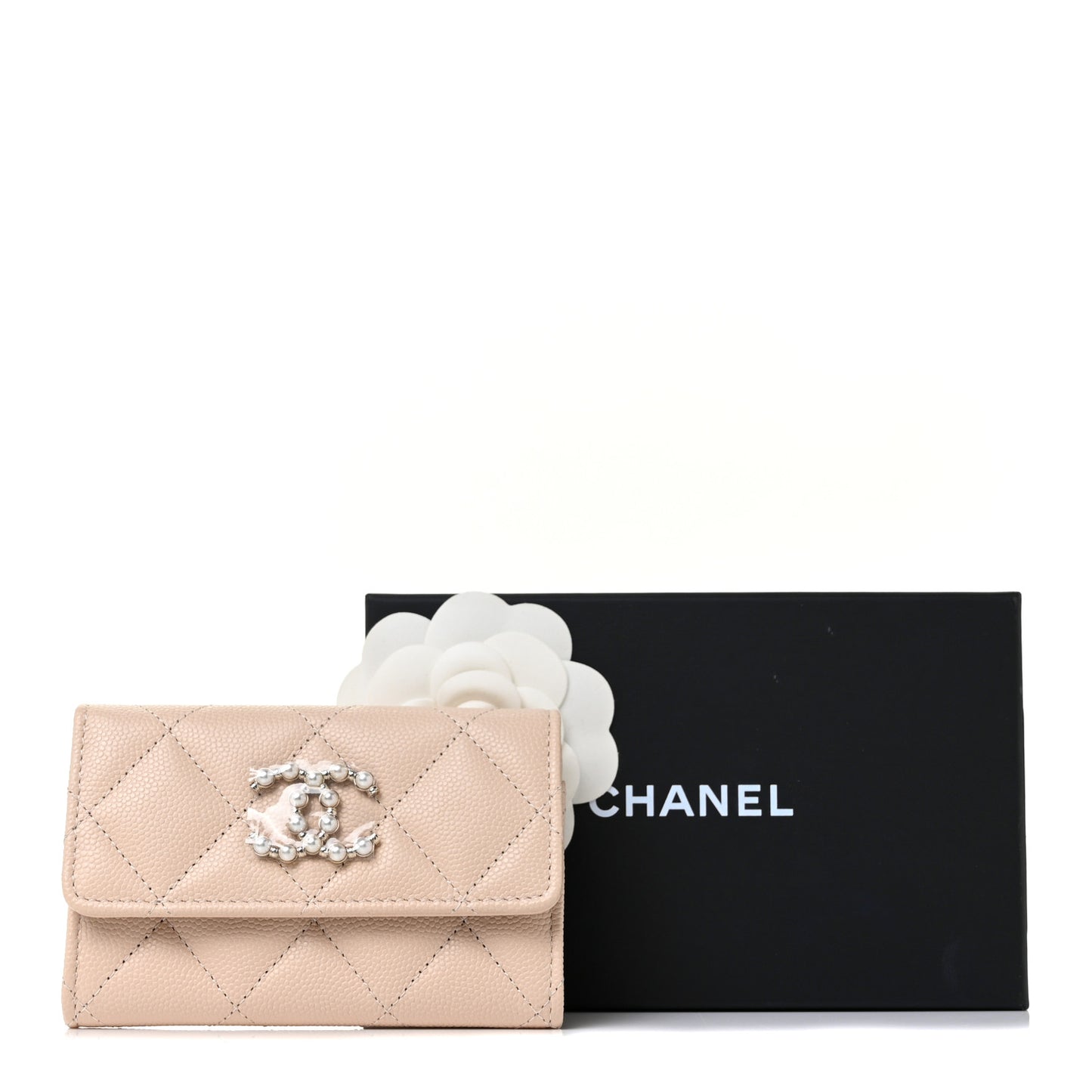 Caviar Pearl Quilted Coco Candy Flap Card Holder Beige