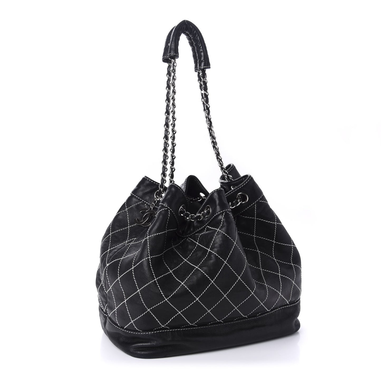 Lambskin Contrast Stitch Large Drawstring Tote Black