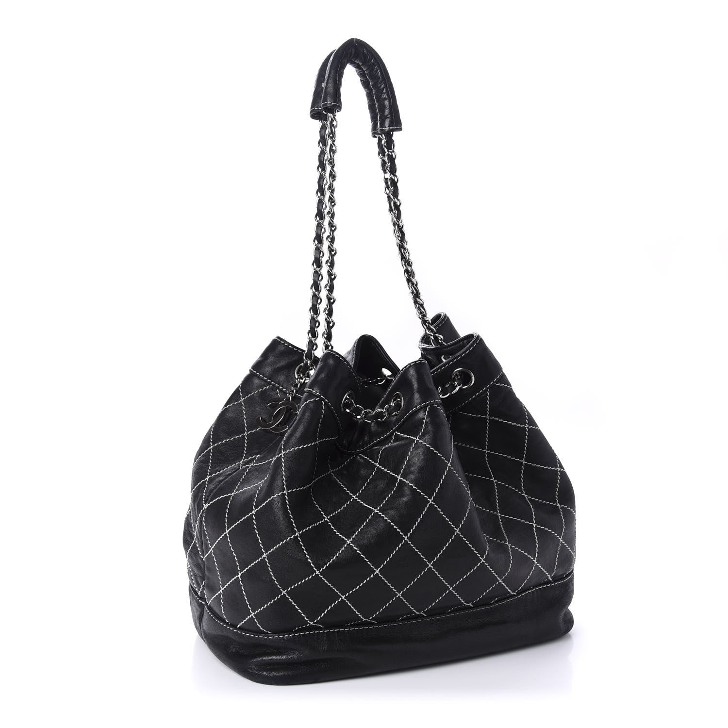 Chanel Lambskin Contrast Stitch Large Drawstring Tote Black 3 of 18