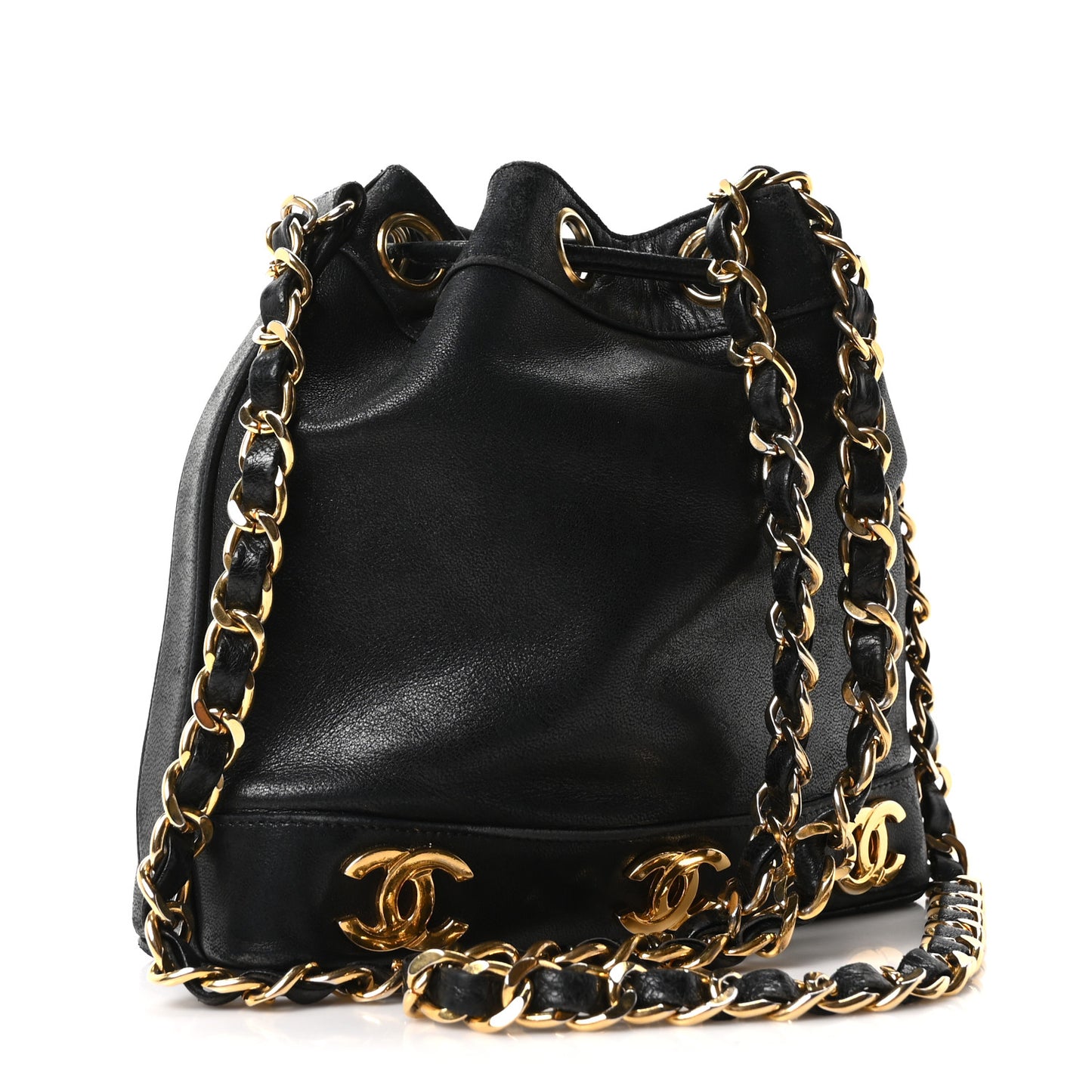 Lambskin CC Drawstring Shoulder Bag Black