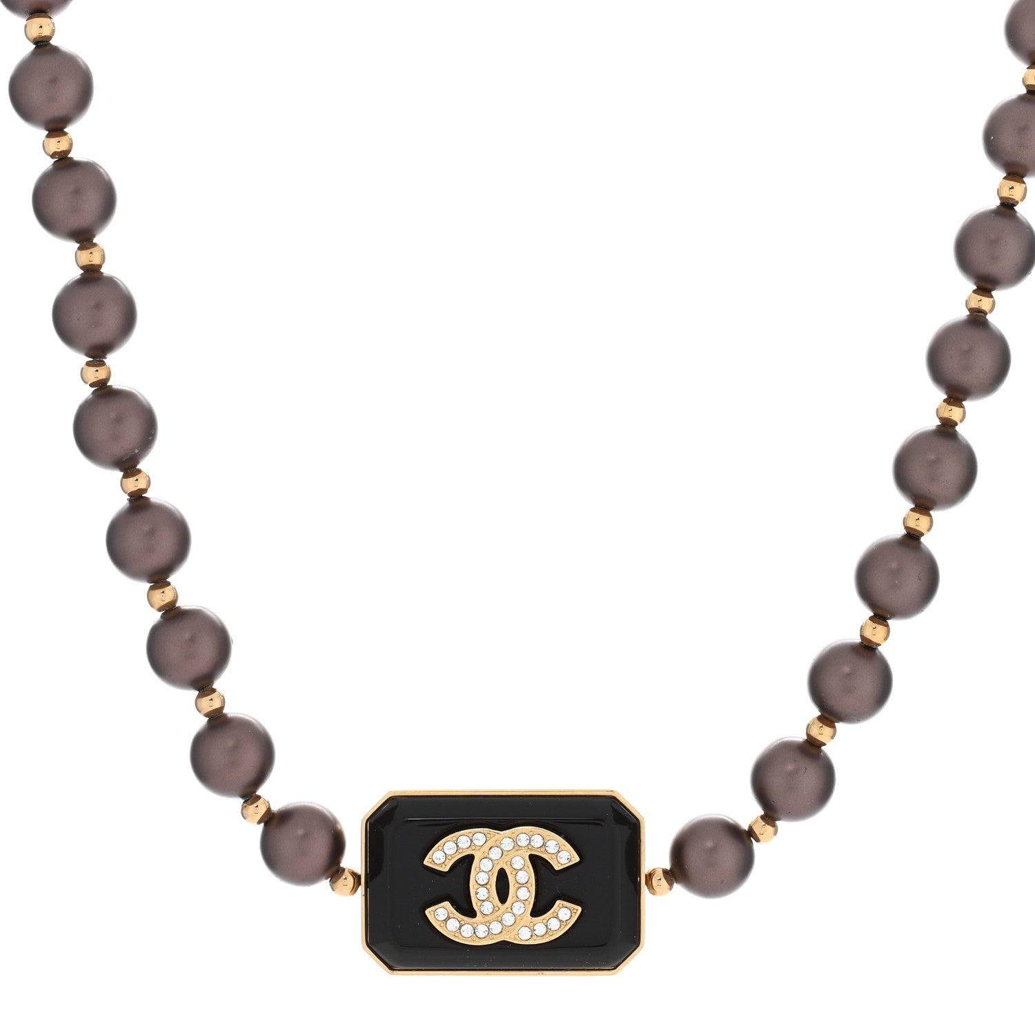 Chanel Pearl Crystal CC Choker Necklace Brown Gold 1 of 5