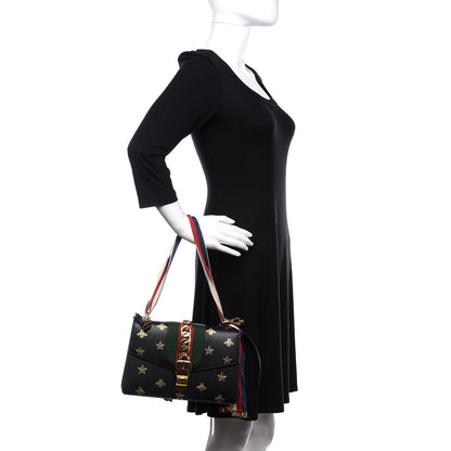 Gucci Textured Calfskin Bee Star Print Small Sylvie Shoulder Bag Black 3 of 11