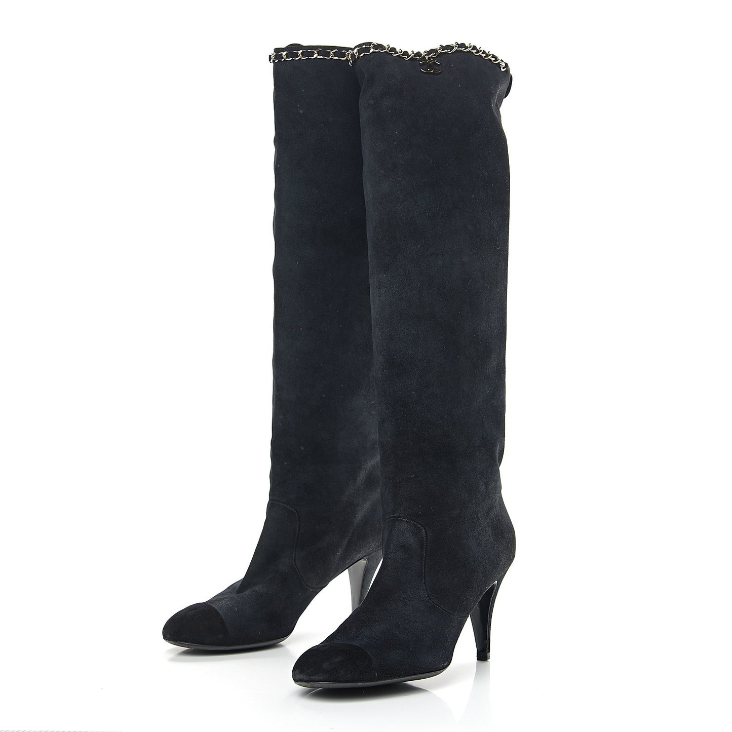 Suede Calfskin Chain Cap Toe Knee High Boots 39.5 Dark Navy