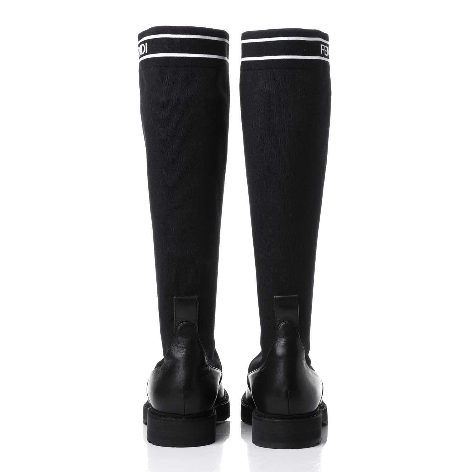 Fendi Lambskin Stretch Fabric Logo Rockoko Tall Boots 37 Black White 5 of 14