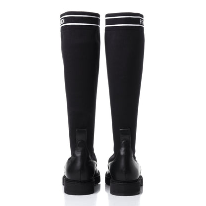 Fendi Lambskin Stretch Fabric Logo Rockoko Tall Boots 37 Black White 5 of 14