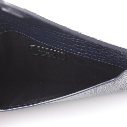 Saint Laurent Calfskin Crocodile Embossed Uptown Monogram Clutch Deep Marine 4 of 9