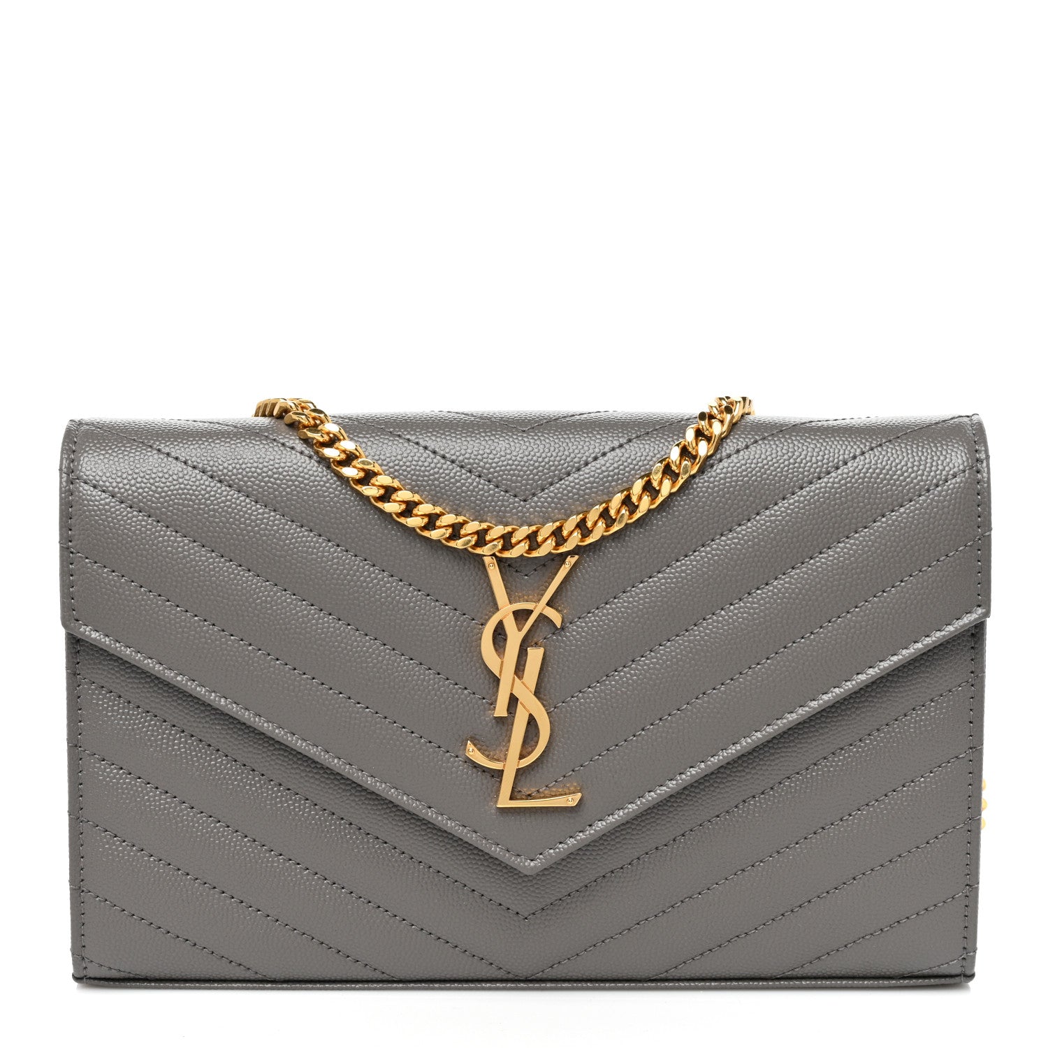 Saint Laurent Grain De Poudre Matelasse Chevron Monogram Chain Wallet Fog 1 of 10