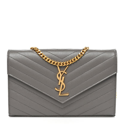 Saint Laurent Grain De Poudre Matelasse Chevron Monogram Chain Wallet Fog 1 of 10