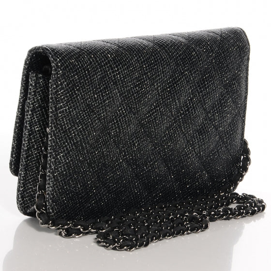 Glitter Calfskin Quilted Wallet on Chain WOC Black Silver