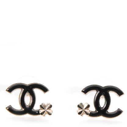 Chanel Enamel CC Clover Earrings Black and Gold 1 of 5