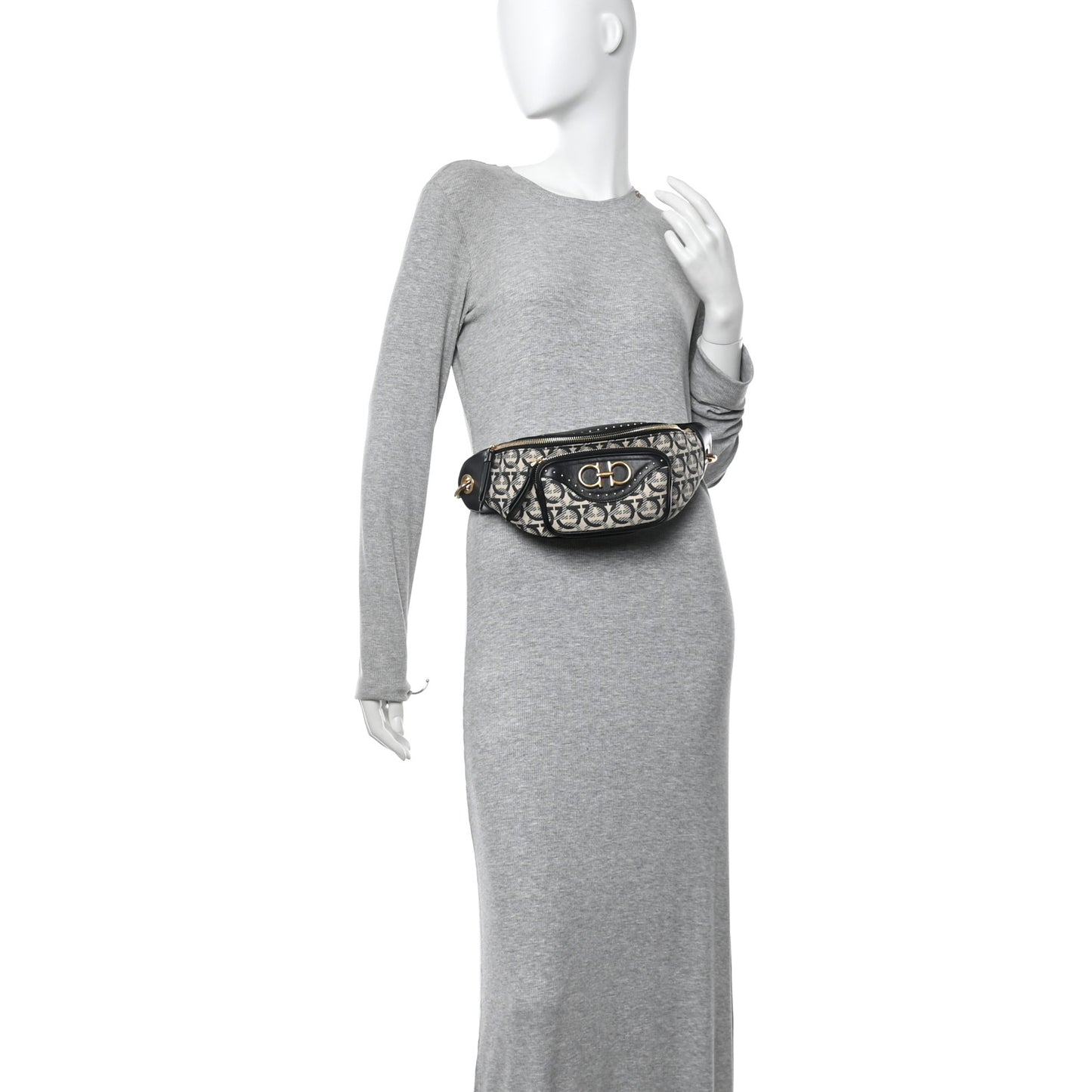 Canvas Calfskin Gancini Studded Waist Bag Black Beige