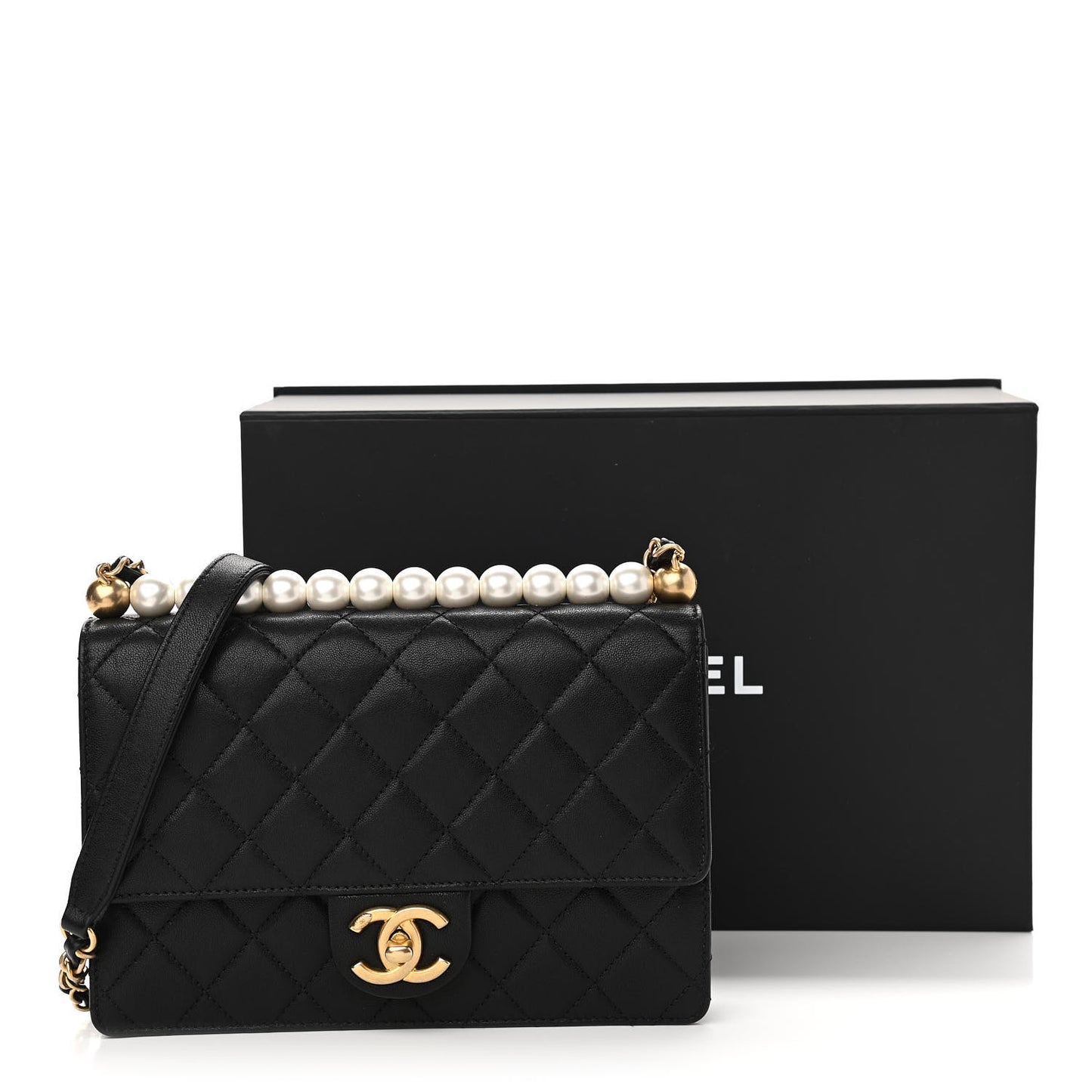Goatskin Quilted Small Chic Pearls Flap Black