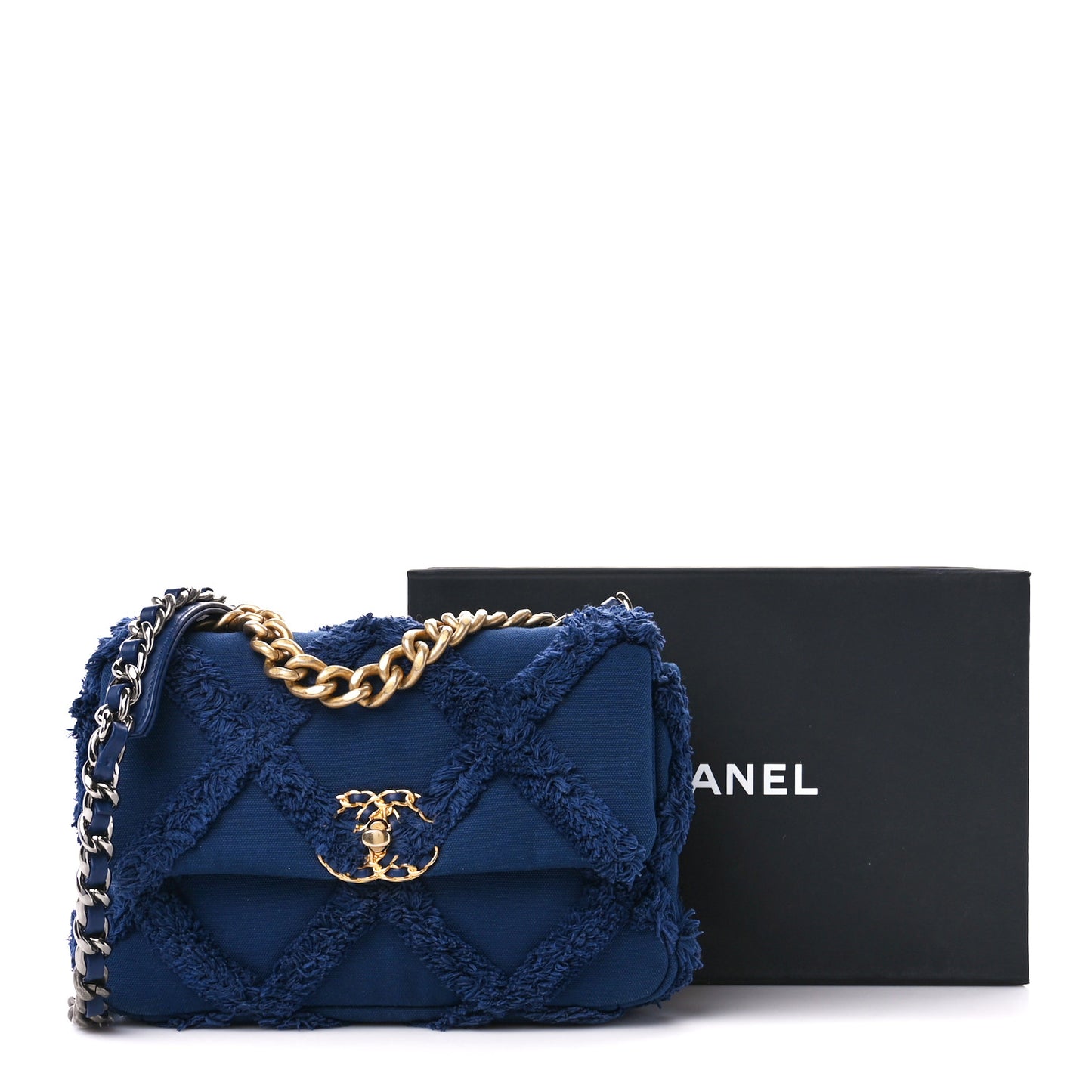 Cotton Canvas Quilted Medium Chanel 19 Flap Navy Blue