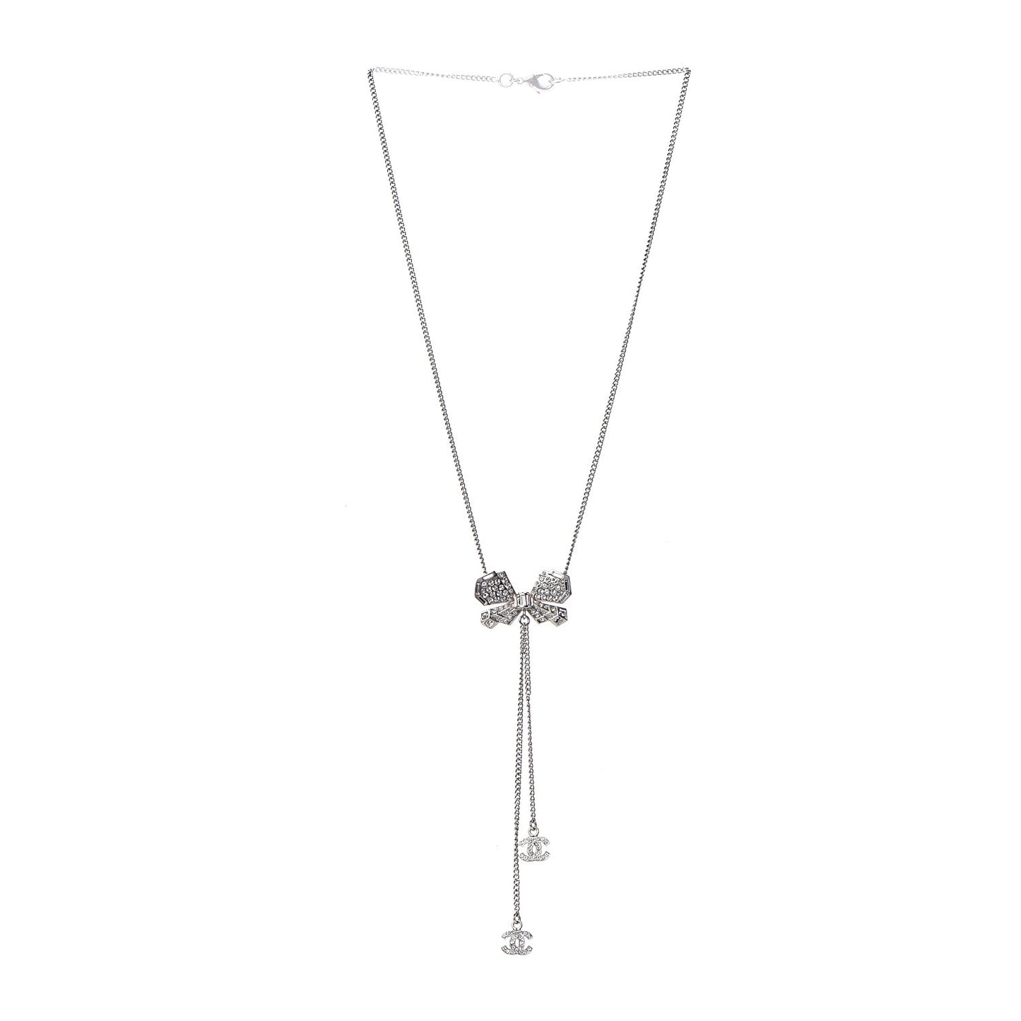 Crystal CC Bow Drop Necklace Silver