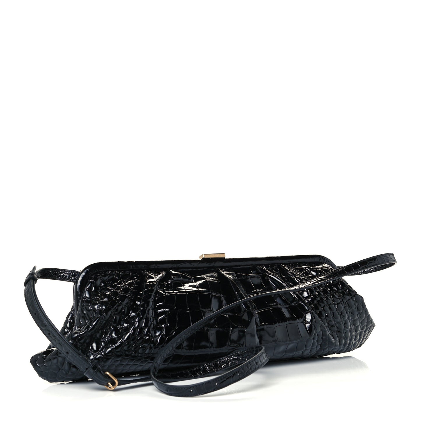 Shiny Supple Calfskin Logo Crocodile Embossed XL Cloud Clutch Black White