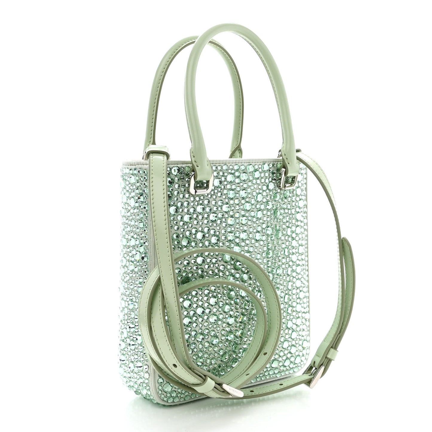 Satin Crystal Metal Triangle Logo Small Double Handle Crossbody Tote Acqua