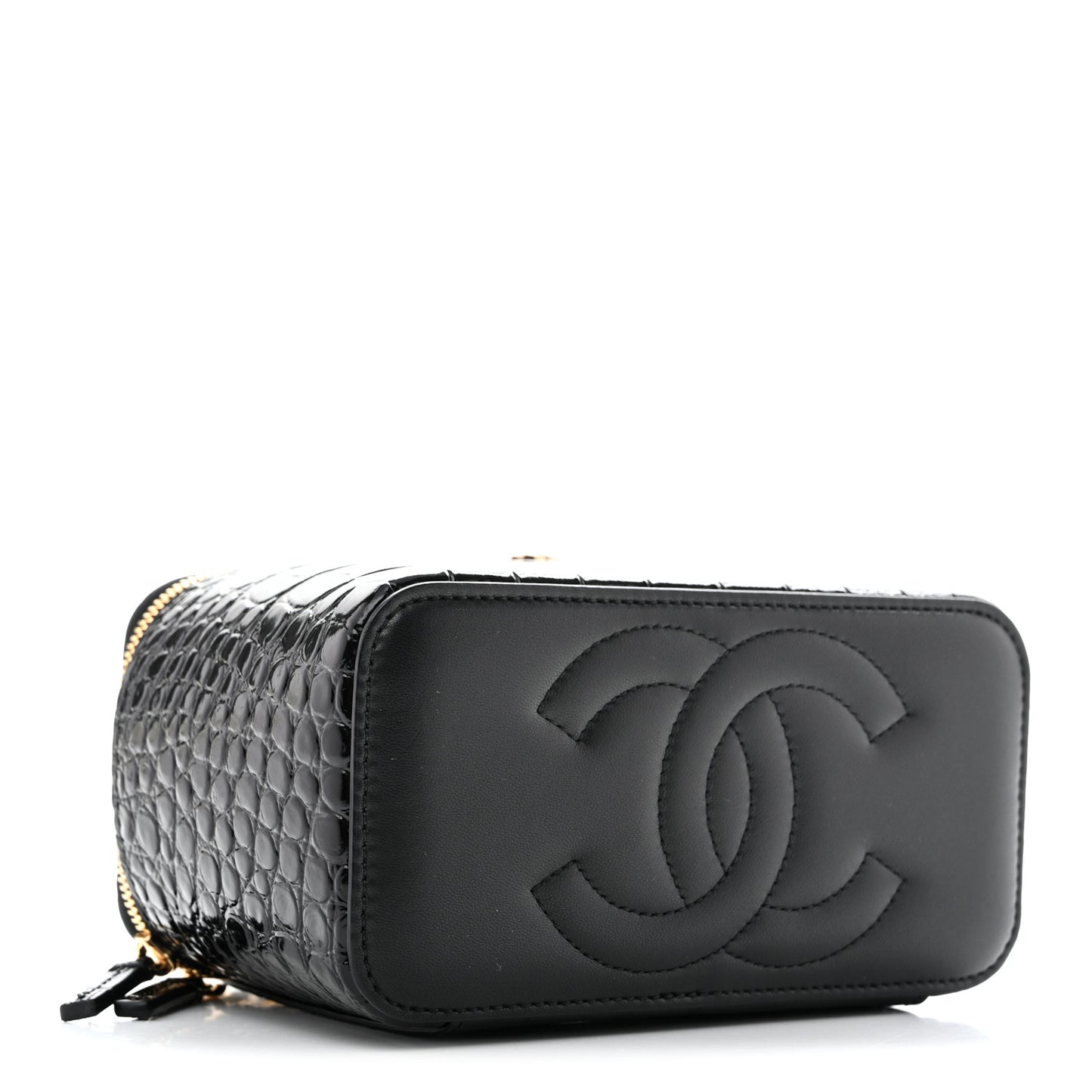 Calfskin Crocodile Embossed Exoticoco Small Top Handle Vanity Case With Chain Black