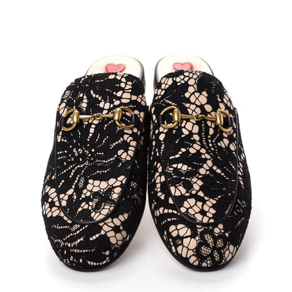 Gucci Lace Malaga Kid Womens Princetown Slippers 37 Black Skin Rose 5 of 10
