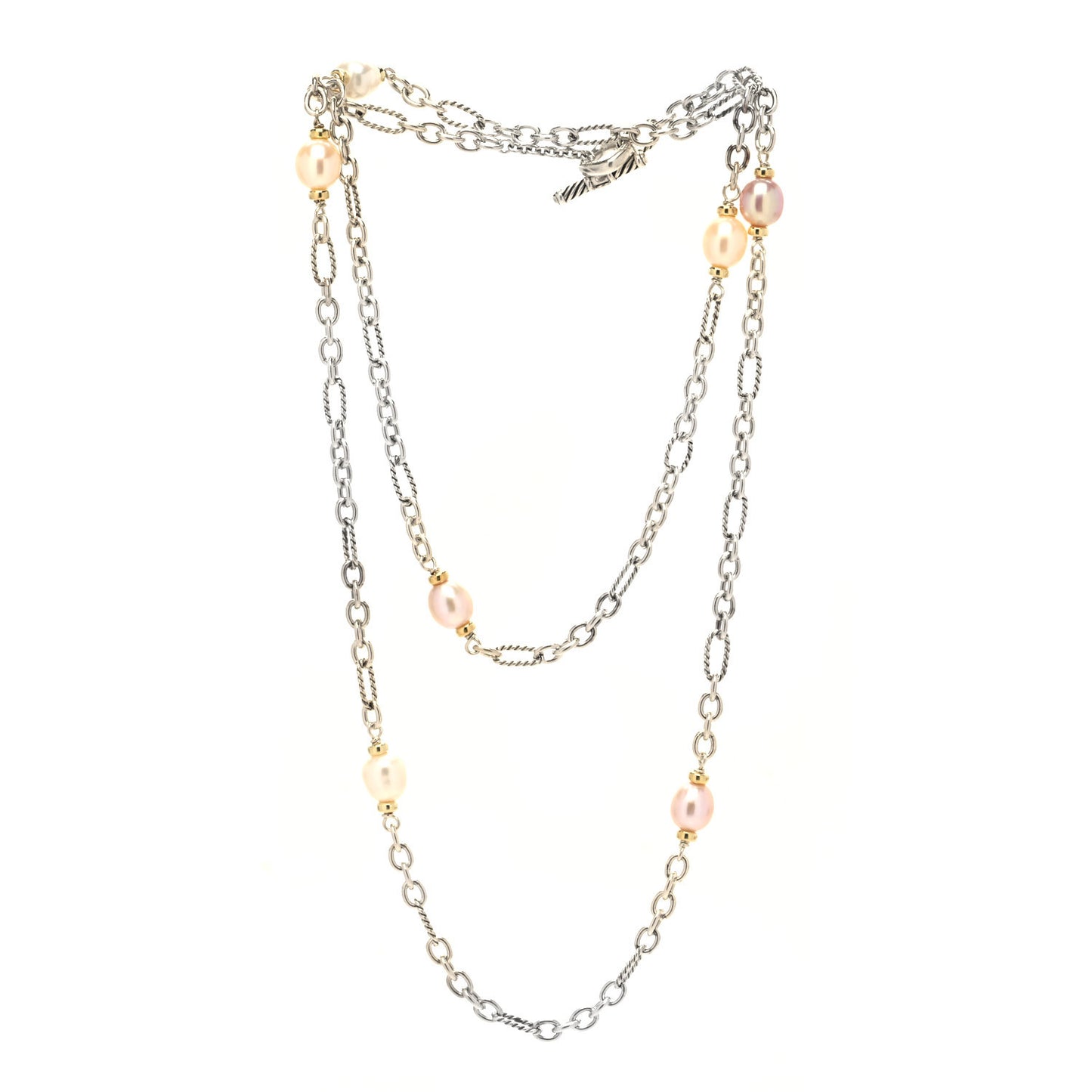 Sterling Silver 18K Yellow Gold Baroque Pearl Long Figaro Chain Necklace