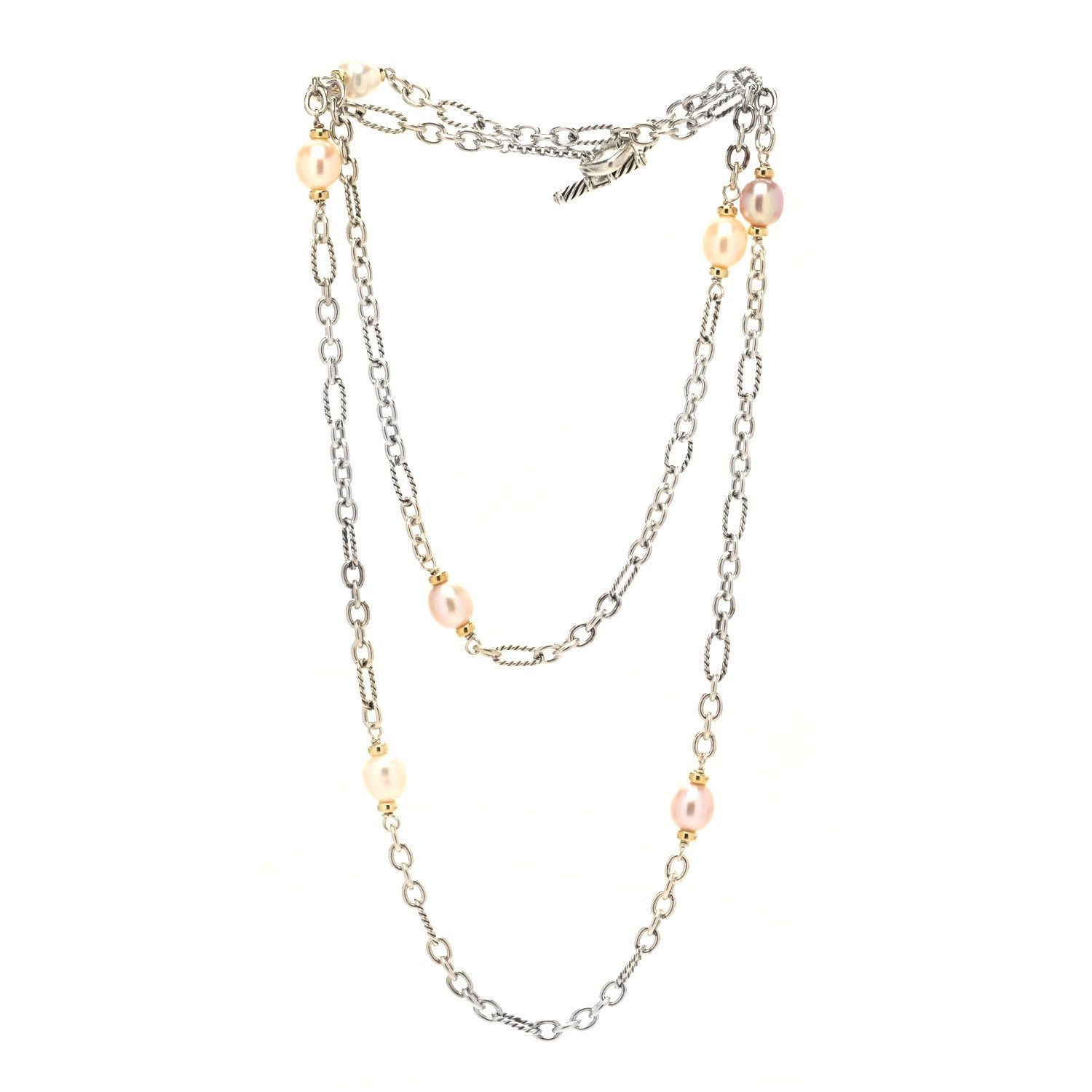 David Yurman Sterling Silver 18K Yellow Gold Baroque Pearl Long Figaro Chain Necklace 3 of 5