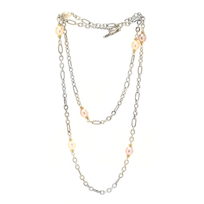 David Yurman Sterling Silver 18K Yellow Gold Baroque Pearl Long Figaro Chain Necklace 3 of 5