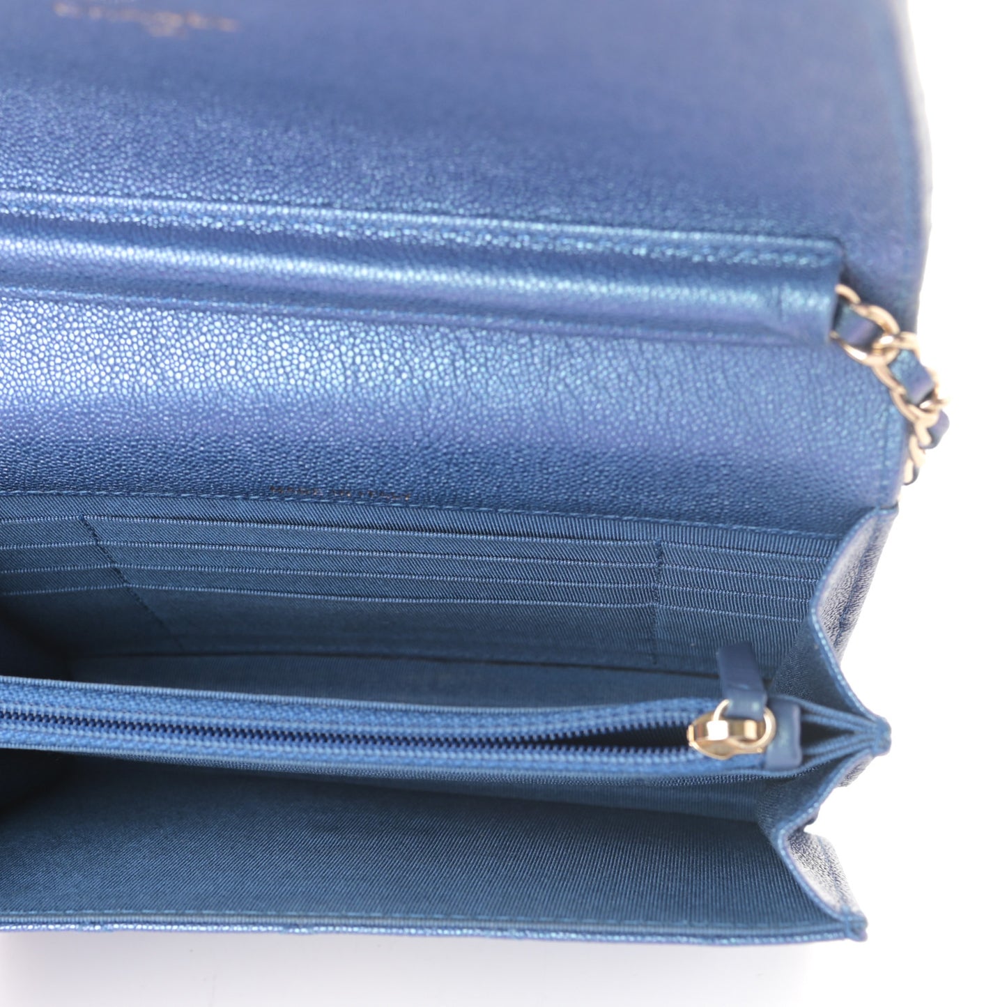 Iridescent Caviar Quilted Square Wallet On Chain WOC Blue