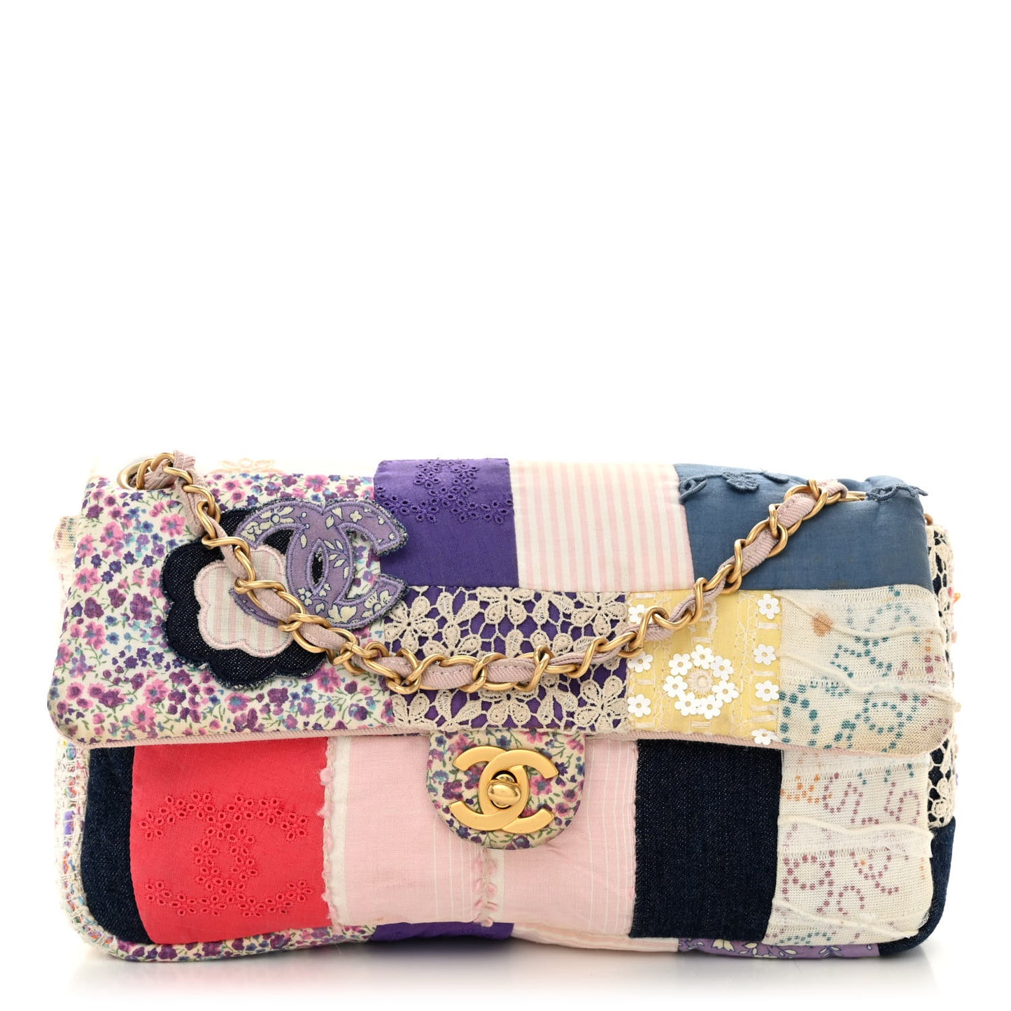 Fabric Patchwork Medium Flap Bag Pink