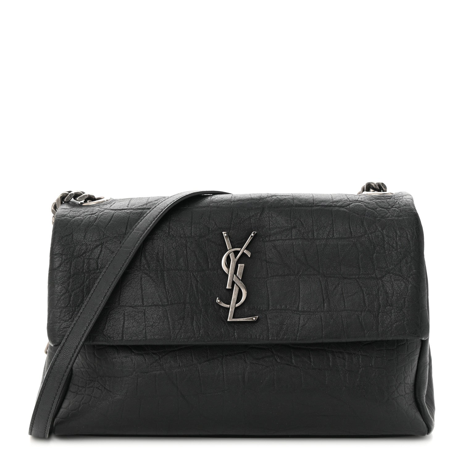 Saint Laurent Calfskin Crocodile Embossed Medium West Hollywood Monogram Fold-Over Bag 1 of 11