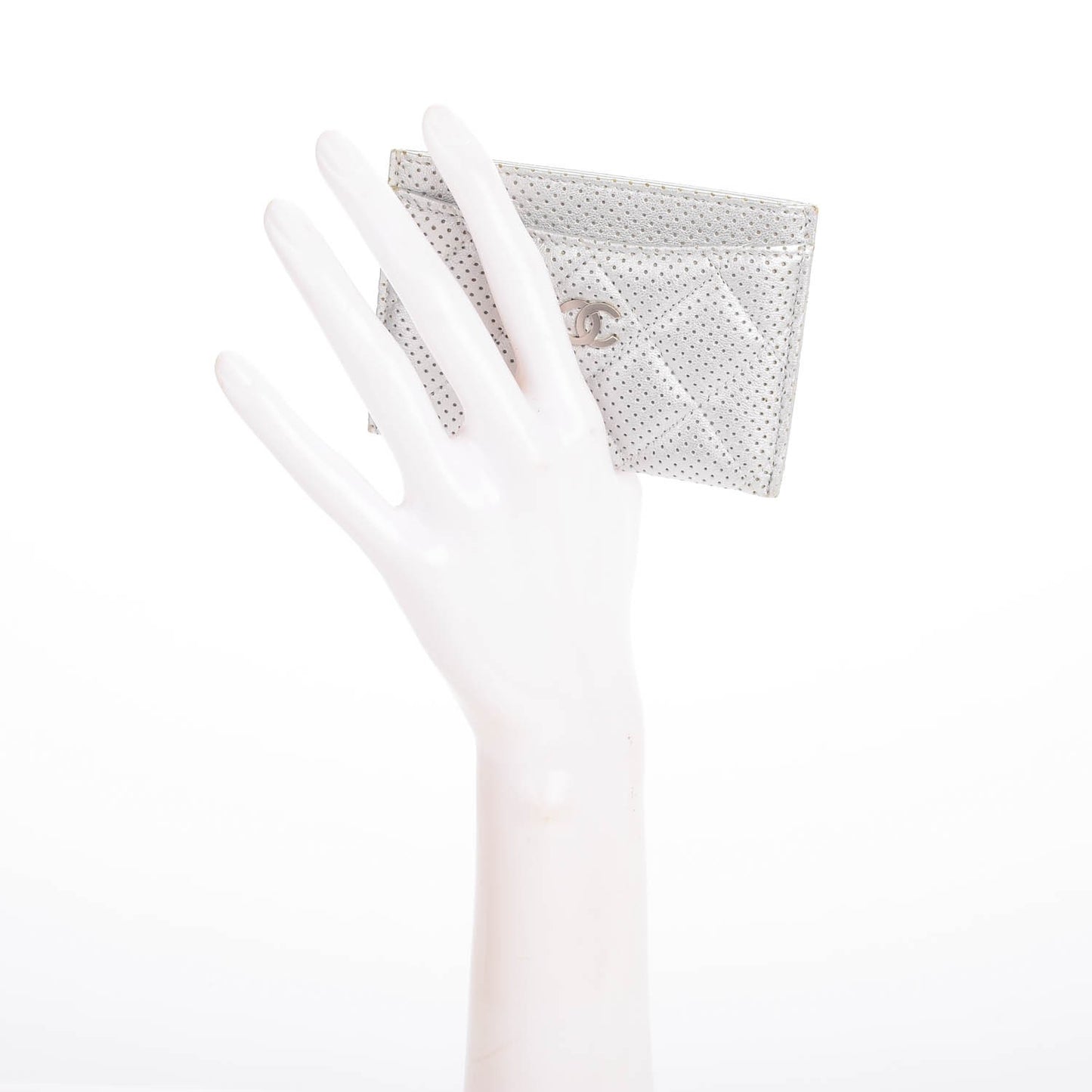 Perforated Lambskin Quilted Card Holder Light Silver
