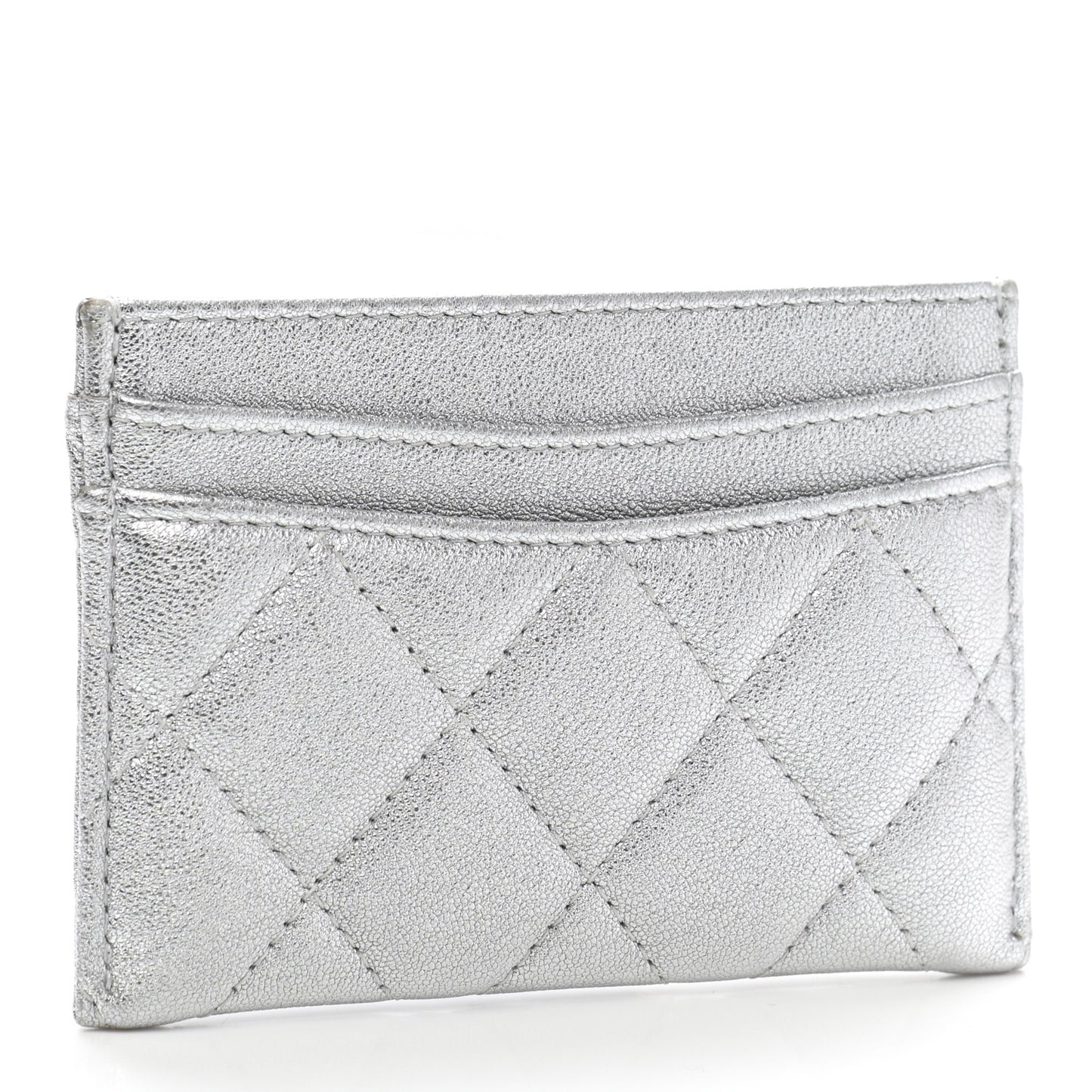 Metallic Lambskin Quilted Card Holder Silver
