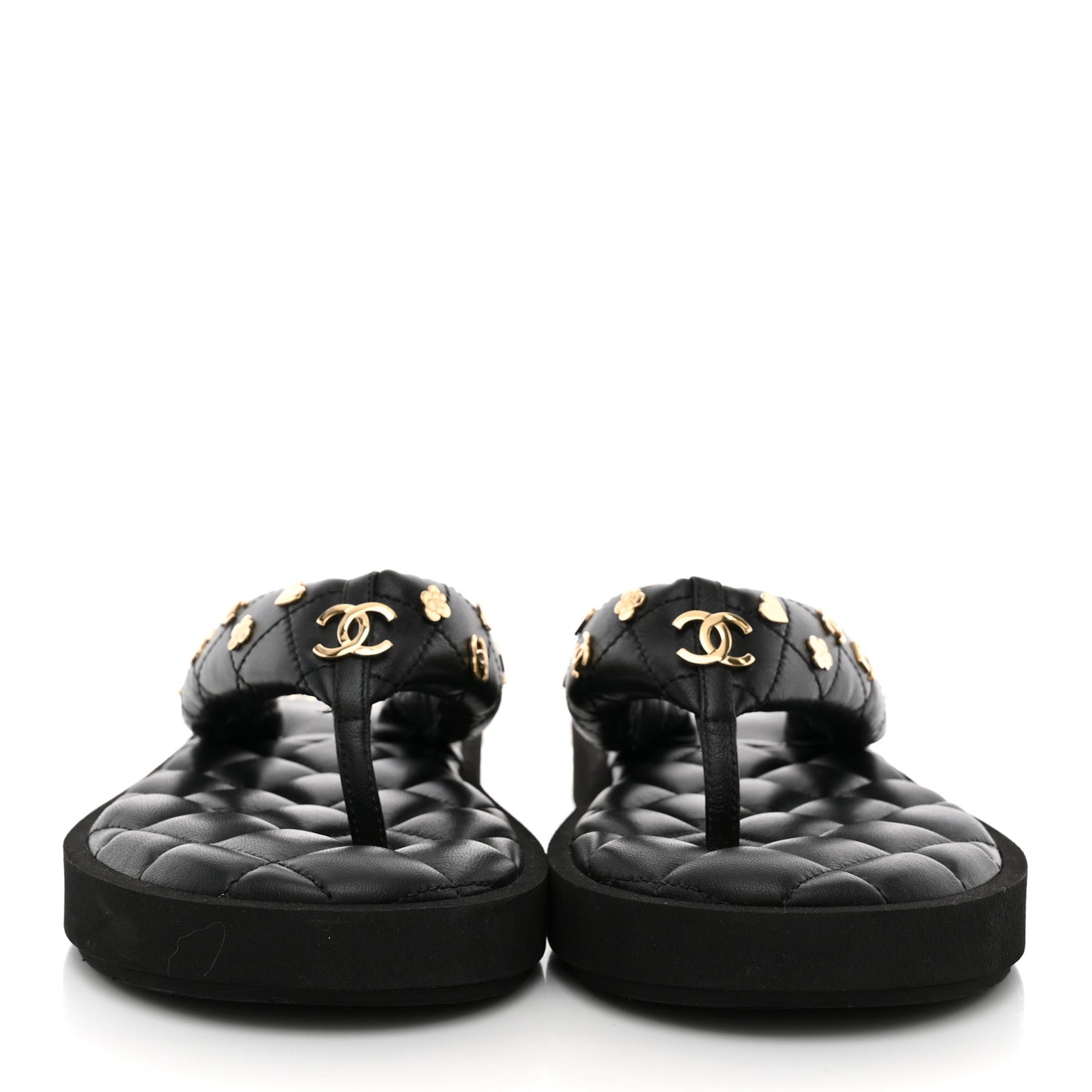 Lambskin Quilted Padded Charms Thong Sandals 38.5 Black