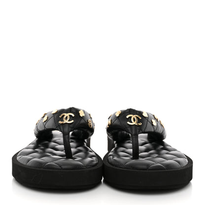 Chanel Lambskin Quilted Padded Charms Thong Sandals 38.5 Black 3 of 11