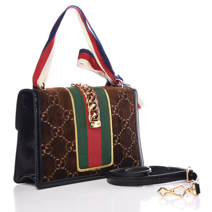 Gucci Velvet GG Monogram Web Small Sylvie Shoulder Bag Brown Black Oro Vecchio 4 of 8