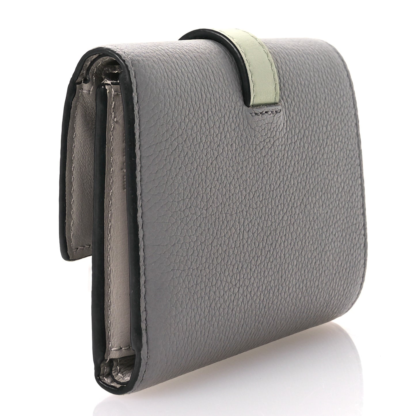 Grained Calfskin Small Vertical Wallet Pearl Grey Light Pale Green