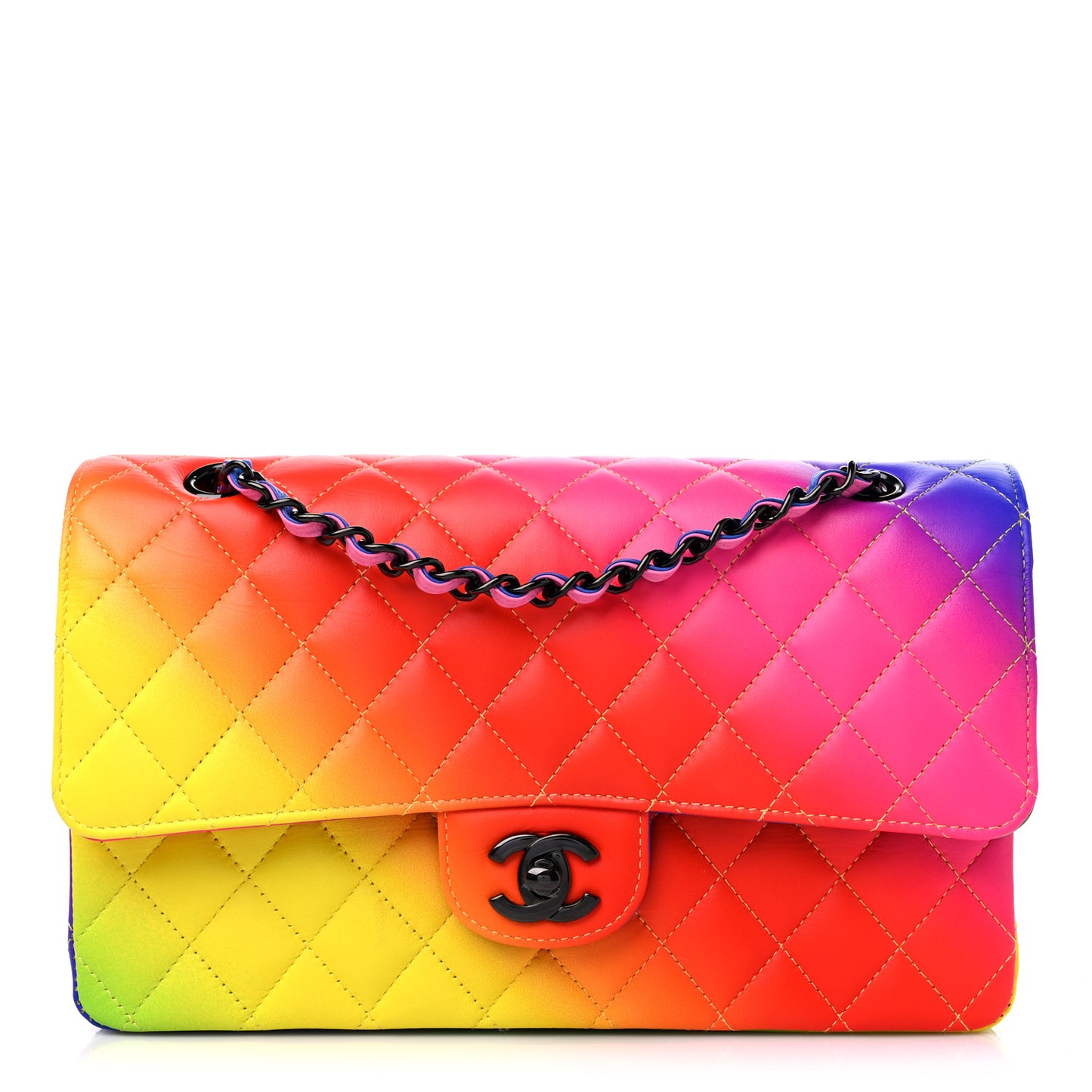Calfskin Quilted Medium Rainbow Double Flap Multicolor