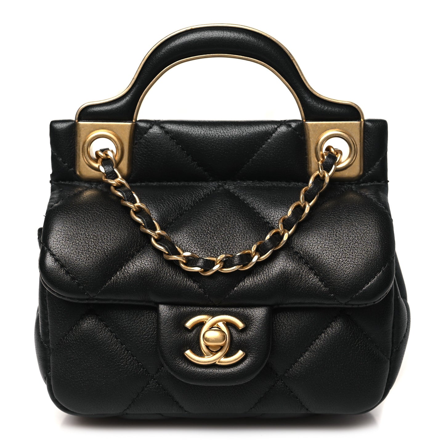 Calfskin Quilted Lady Handle Clutch With Chain Black