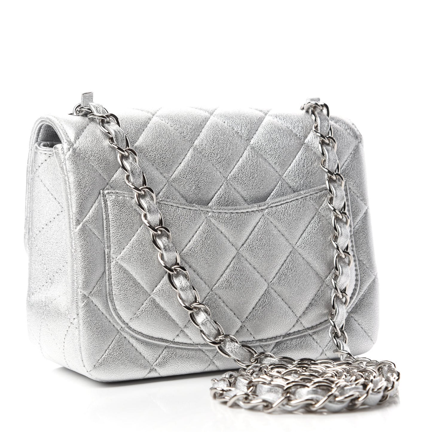 Metallic Lambskin Quilted Mini Square Flap Silver