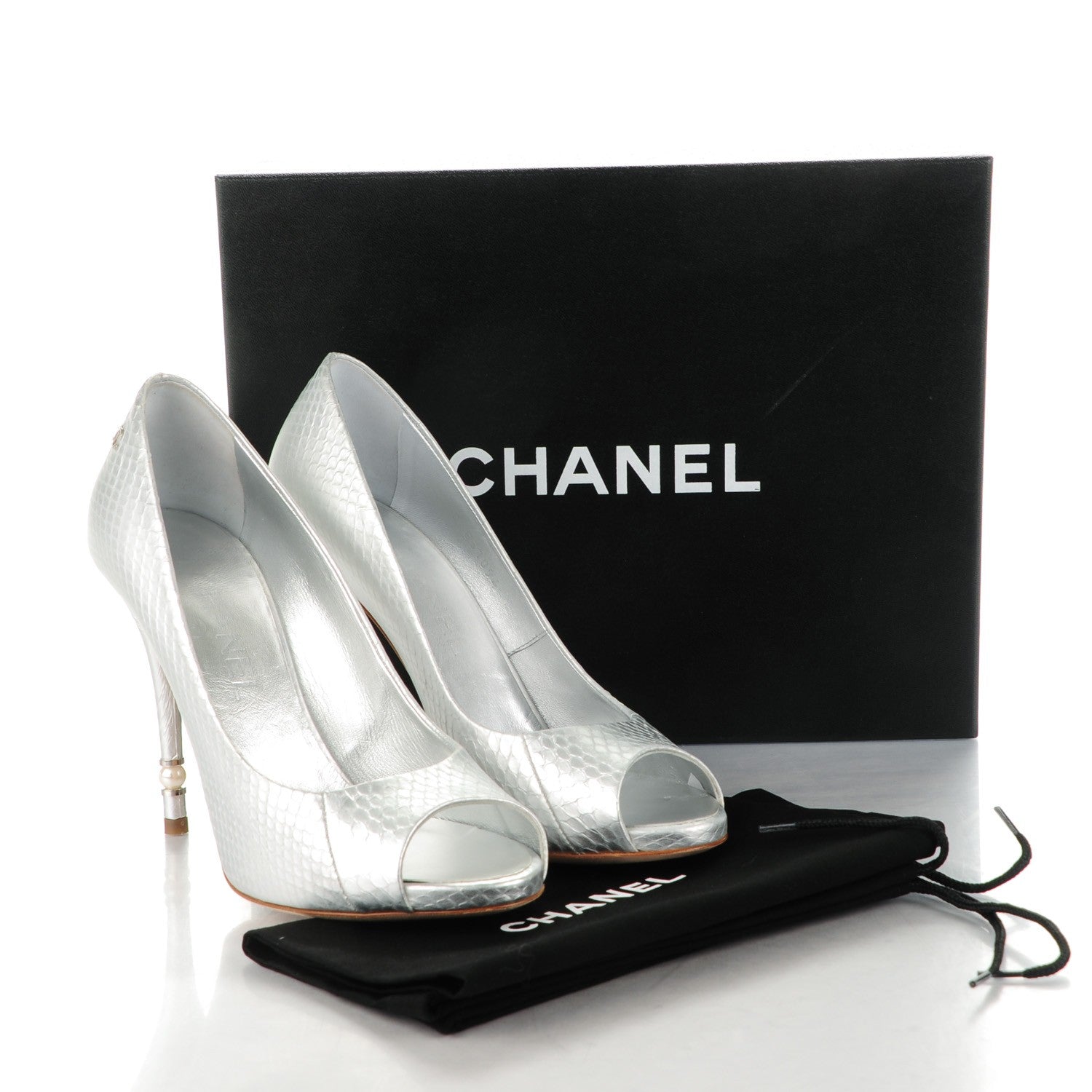 Chanel Patent Snakeskin Pearl Peep Toe Pumps 38 Silver 9 of 9