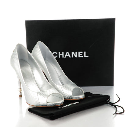 Chanel Patent Snakeskin Pearl Peep Toe Pumps 38 Silver 9 of 9