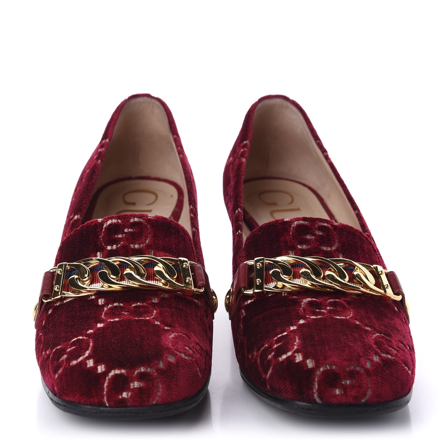 Gucci Velvet GG Monogram Sylvie Web Chain Mid Heel Loafers 36 Red Cipria 2 of 9