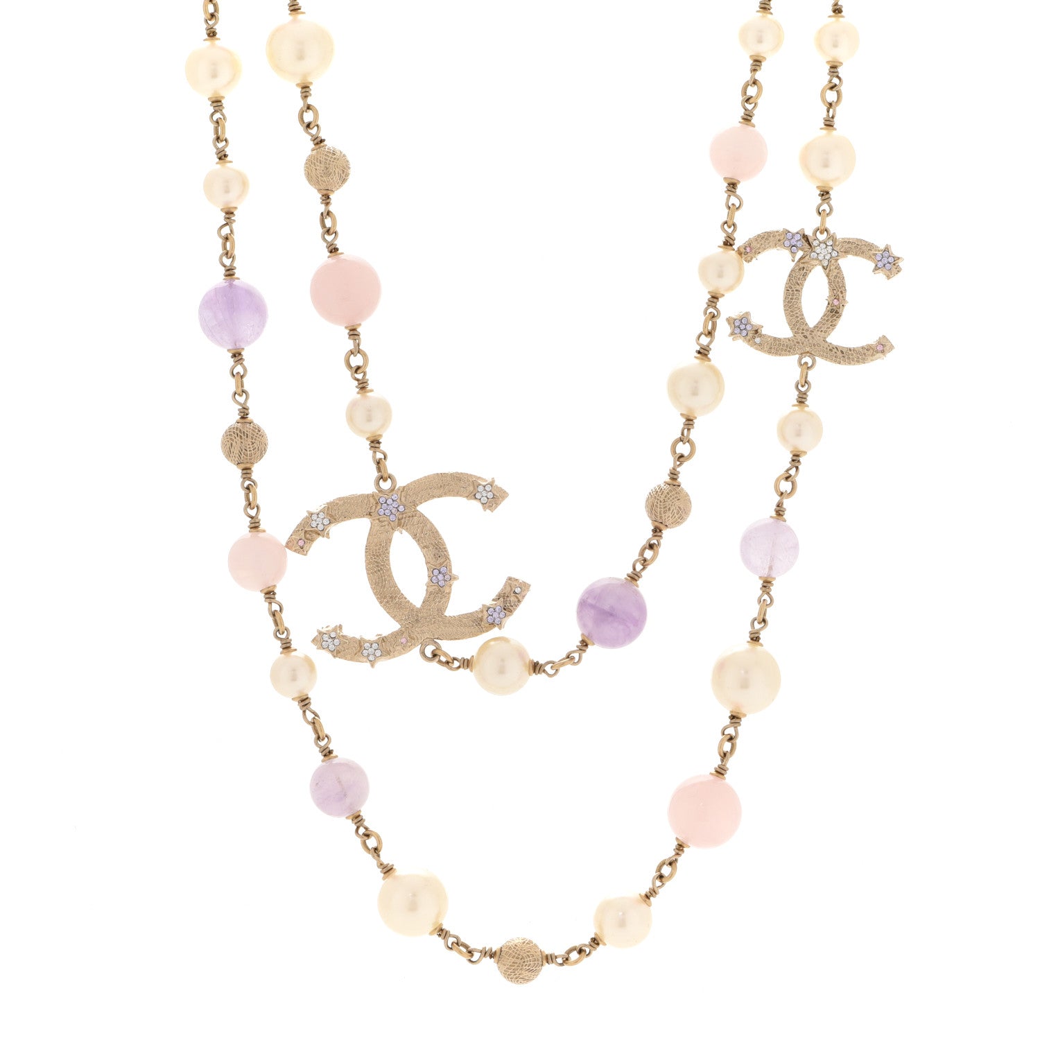 Chanel Crystal Pearl Beaded Star CC Necklace Gold Purple 1 of 5