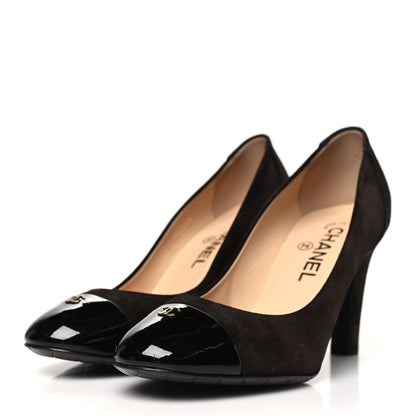 Chanel Coated Suede CC Cap Toe Pumps 38.5 Black Brown 4 of 9