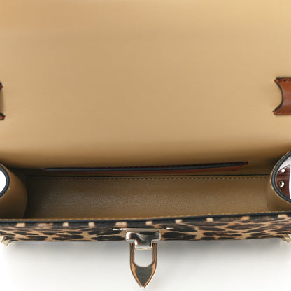 Valentino Garavani Calfskin Canvas Leopard Print Medium Rockstud Flip Lock Crossbody Bag Tan 5 of 10
