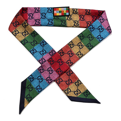 Gucci Silk Twill Lady GG Psychedelic Neck Bow Scarf Dark Blue Multicolor 1 of 4