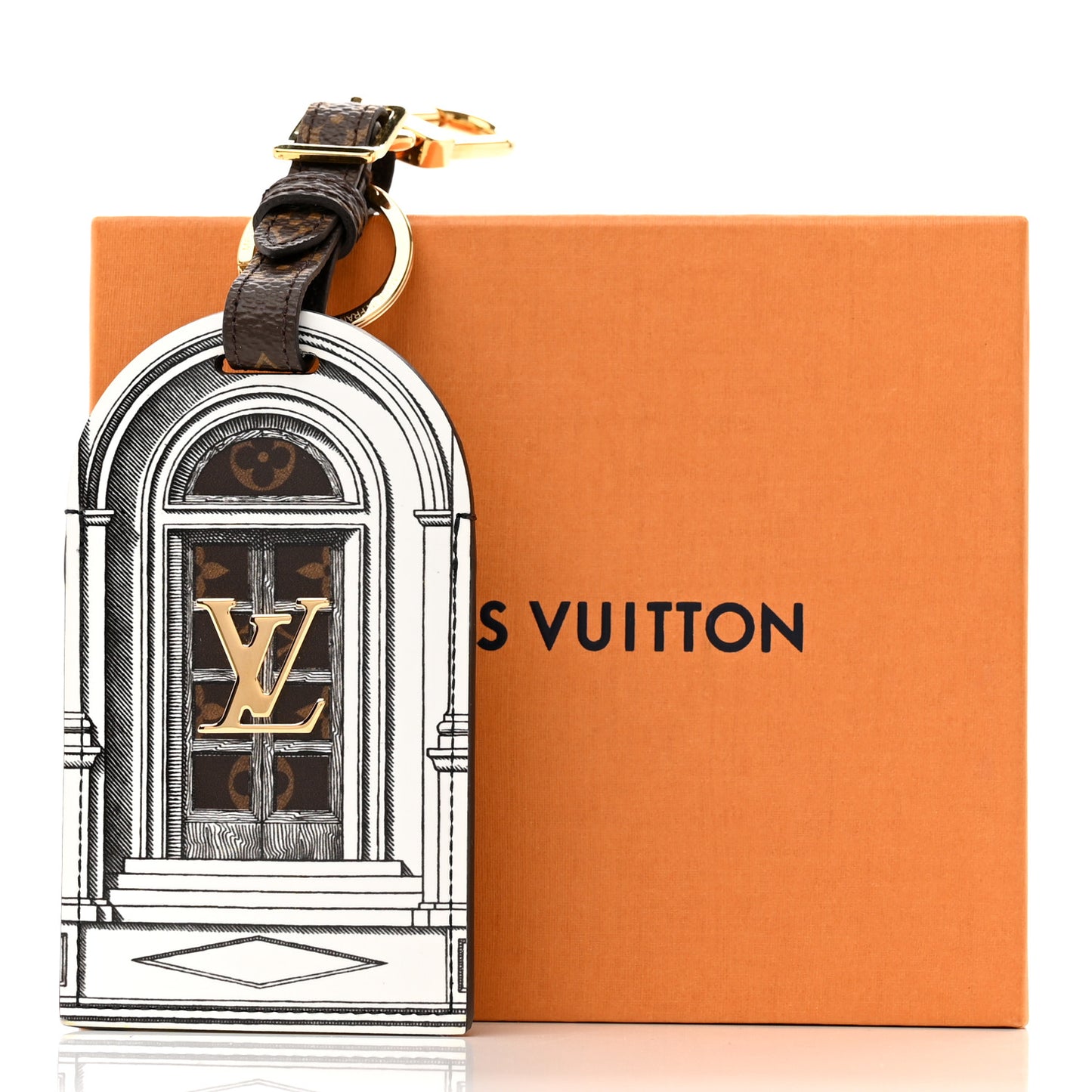 X FORNASETTI Calfskin Architettura Luggage Tag Bag Charm Key Holder Black White