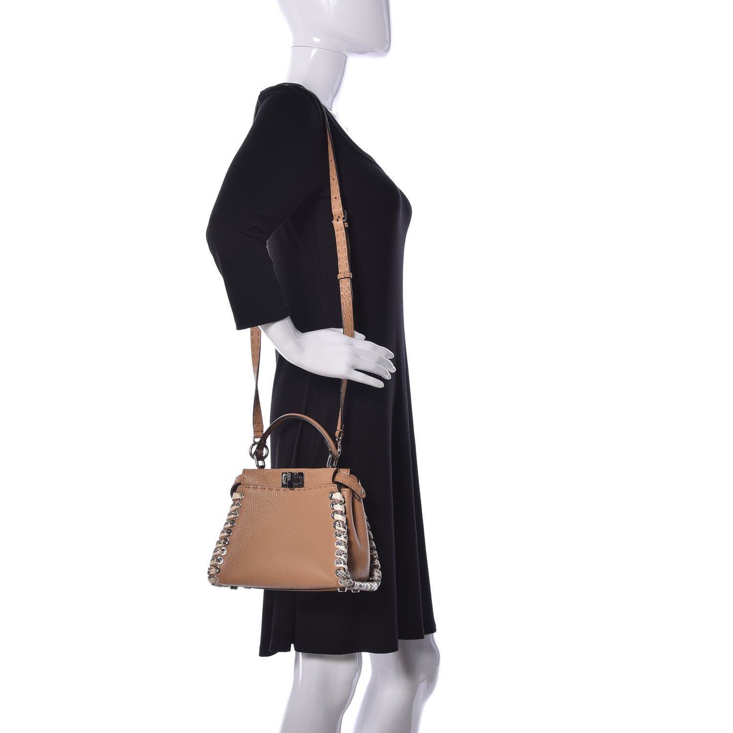 Fendi Cuoio Romano Selleria Elaphe Lace Up Mini Peekaboo Iconic Satchel Miele Scuro Natural 2 of 10