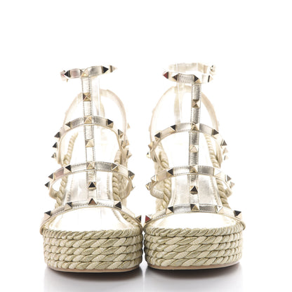 Valentino Garavani Metallic Nappa Rockstud Ankle Strap Torchon Espadrille Caged 25/95mm Wedge Sandals 41 Platino 2 of 8