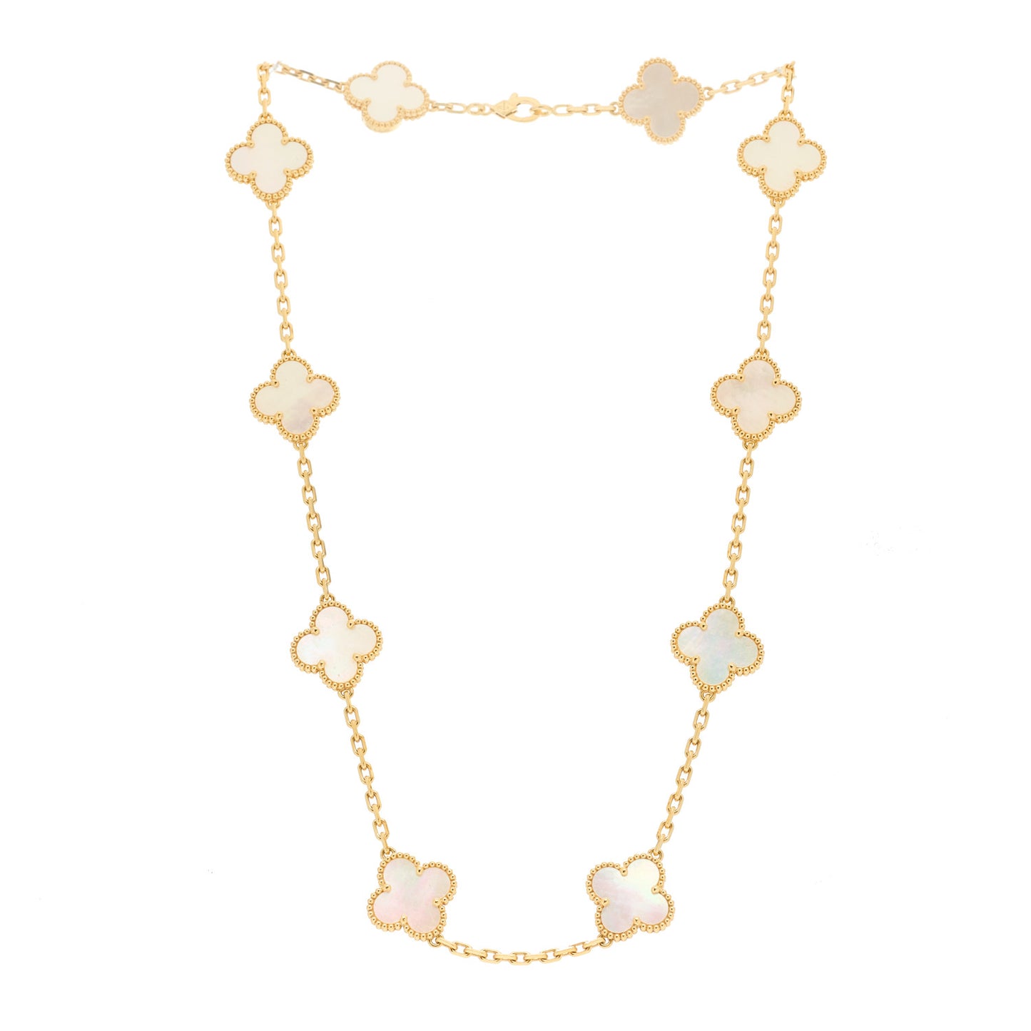 18K Yellow Gold Mother of Pearl 10 Motifs Vintage Alhambra Necklace
