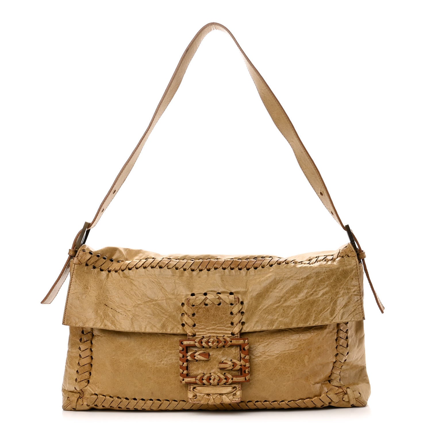 Fendi Goatskin Whipstitch Large Convertible Baguette Senape 1 of 12